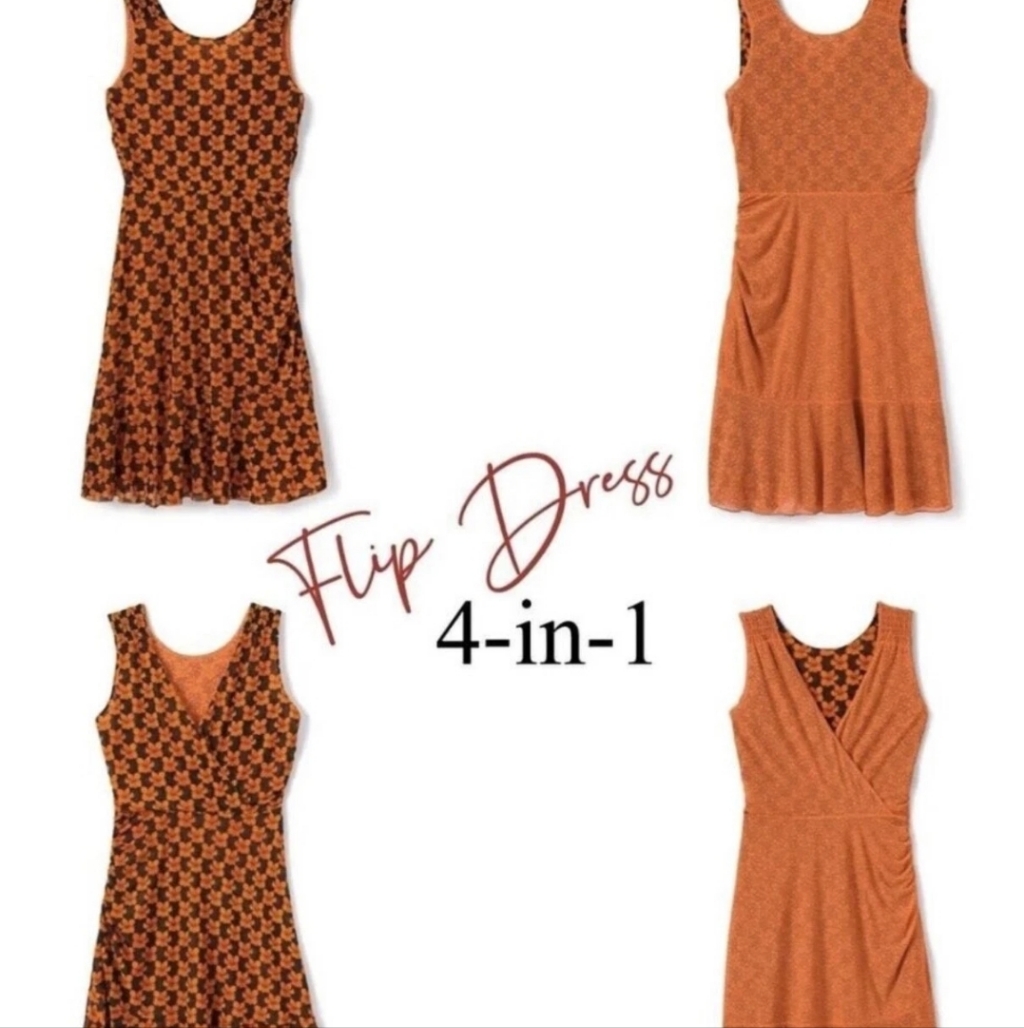 Cabi Women's 4-In-1 Flip Midi Dress In Burnt Orange And Patterned Orange Nwot